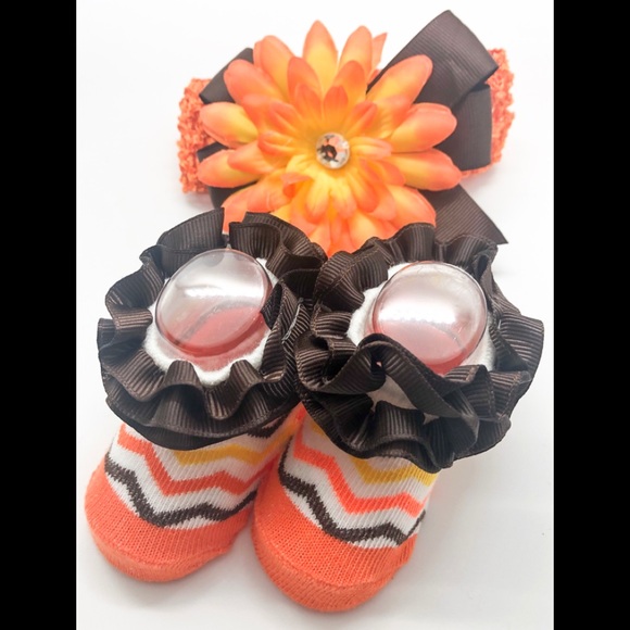 Baby Girls Orange, White & Brown Socks & Headband - Picture 1 of 4